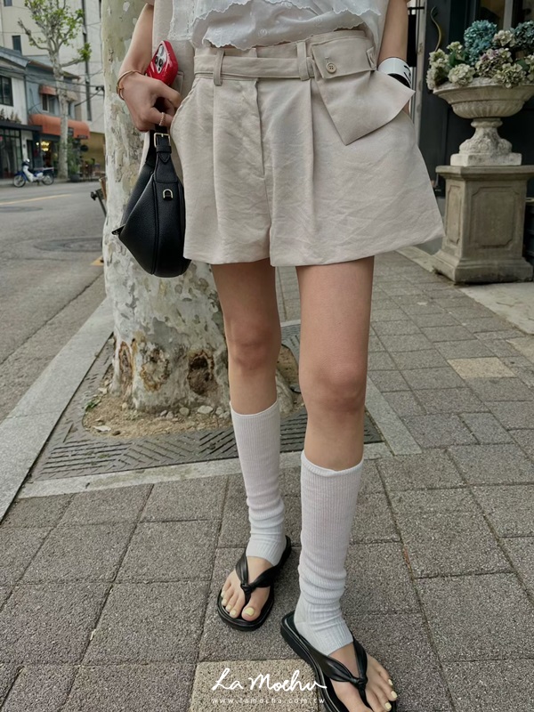 腰包度假涼感麻料短褲